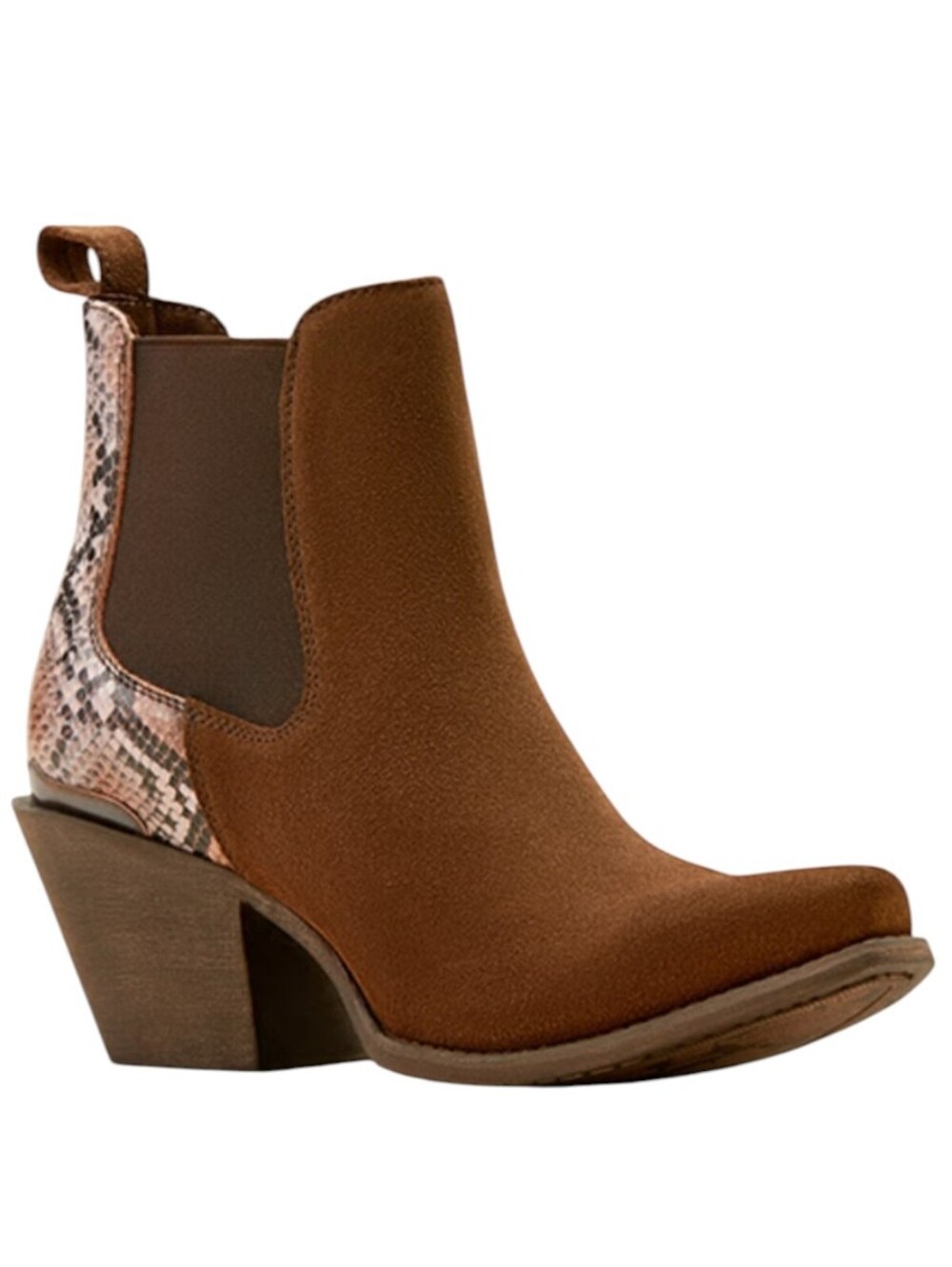 NEW ...Ariat Bradley Western Coffee Suede Boot Snake-Print Heel Accent..Size 9